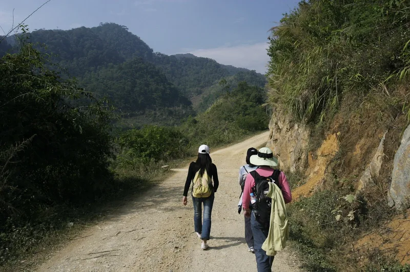 Hikers with backpacks walk a dirt road through green hills near Mai Chau, Vietnam. Hikers with backpacks walk a dirt road through green hills near Mai Chau, Vietnam.