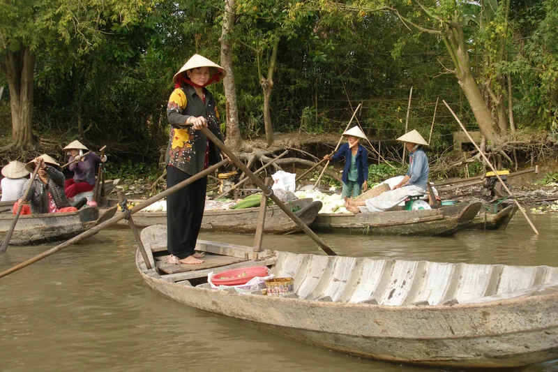 Women in conical hats row wooden sampans through a canal at Phong Dien floating market in the Mekong Delta.